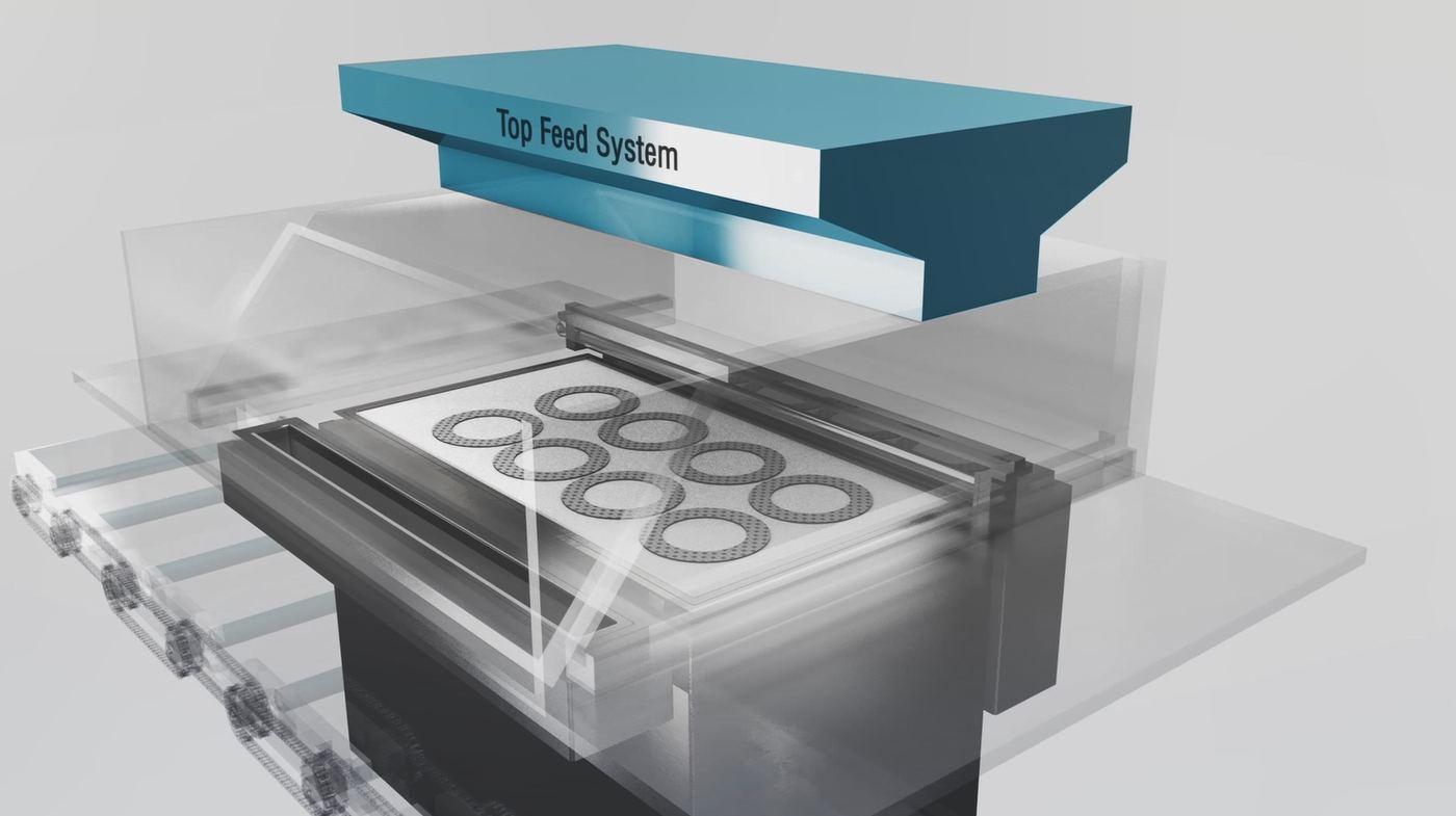 Cutaway render of a top powder feed system above a build platform